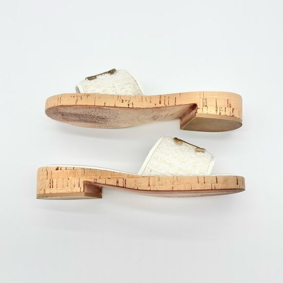 Chanel Interlocking CC Tweed Cork Slip On Heeled Mules Slides Sandals 38 - Picture 4 of 8